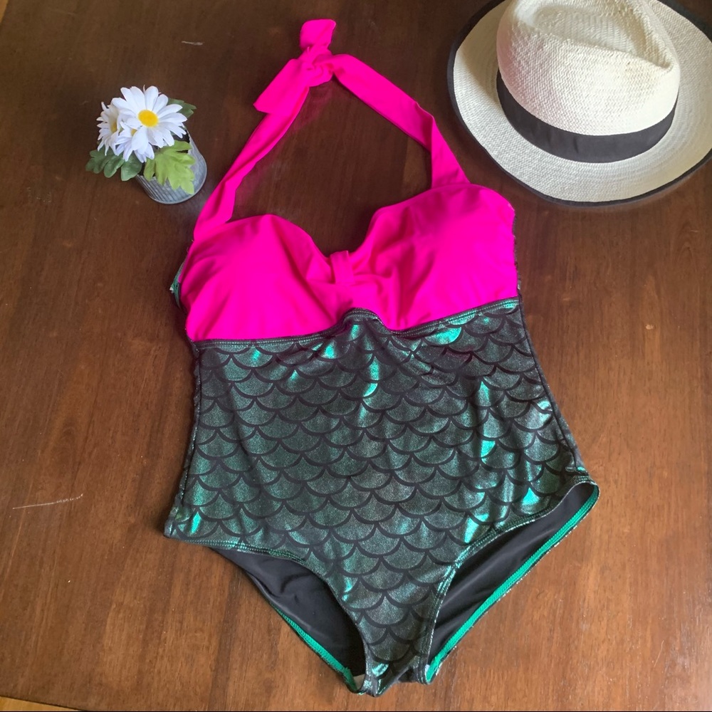 Mermaid Pink & Green One piece Swimsuit Size Large